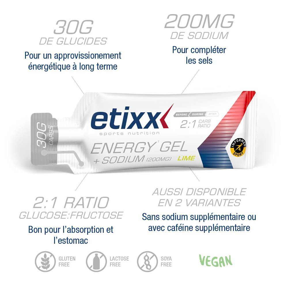 Etixx Energy Gel + Sodium: 30g glucides, ratio 2:1 glucose:fructose, saveur citron vert.