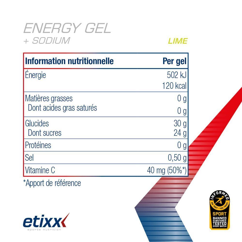 Etixx Energy Gel + Sodium: Nouvelle formule, nouveau look, même goût. Citron vert.