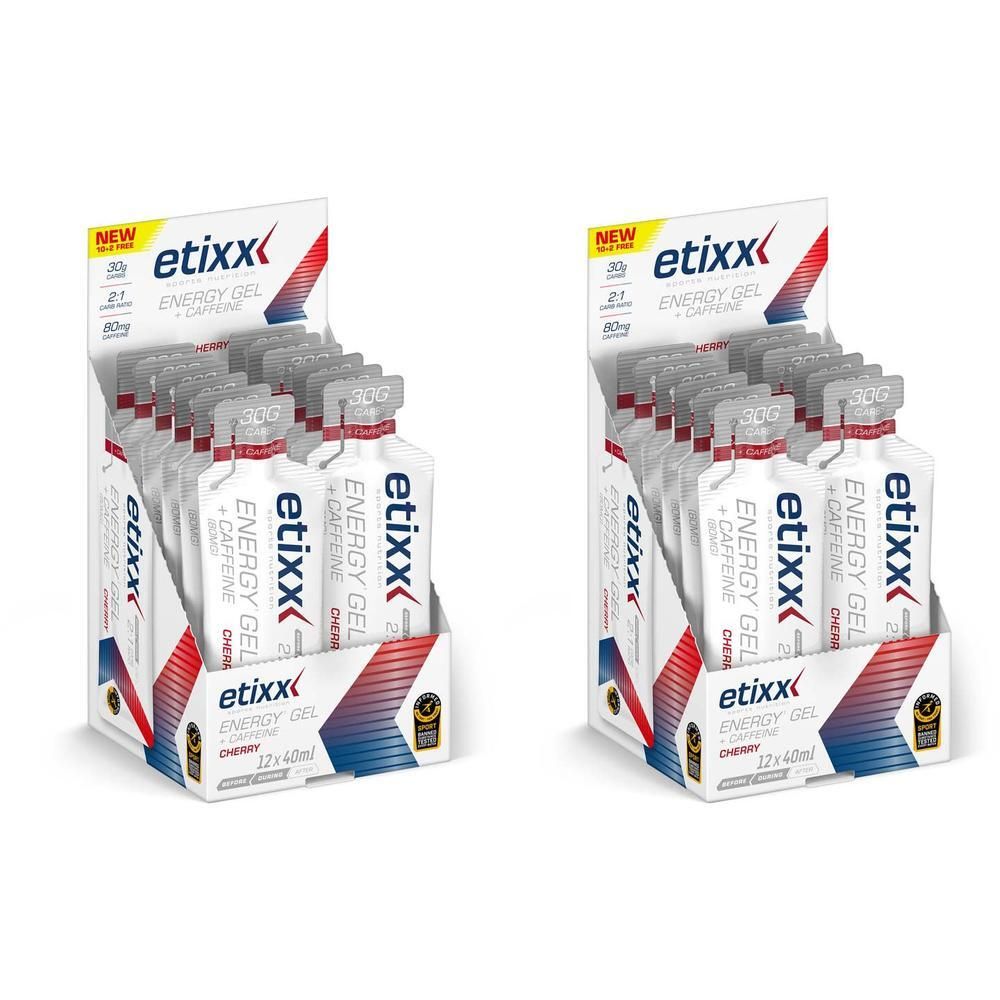 Zwei Packungen Etixx Energy Gel Koffein-Kirsche, je 12x40ml.