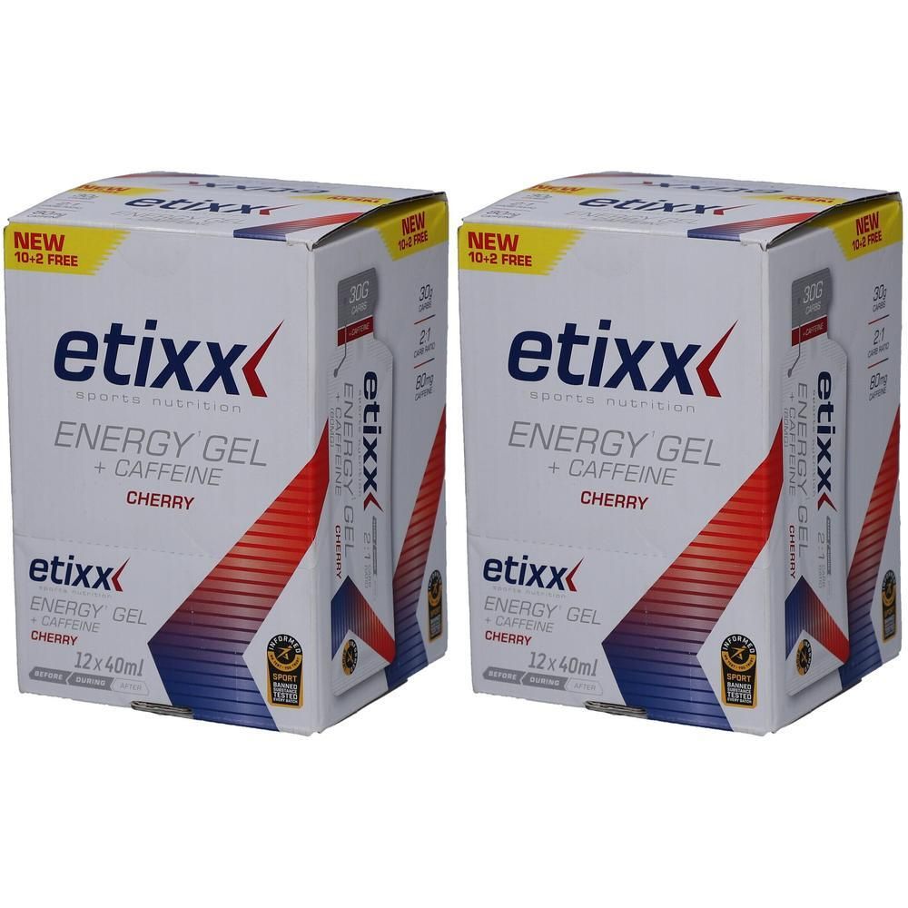Zwei Packungen Etixx Energy Gel Koffein-Kirsche, je 12x40ml.