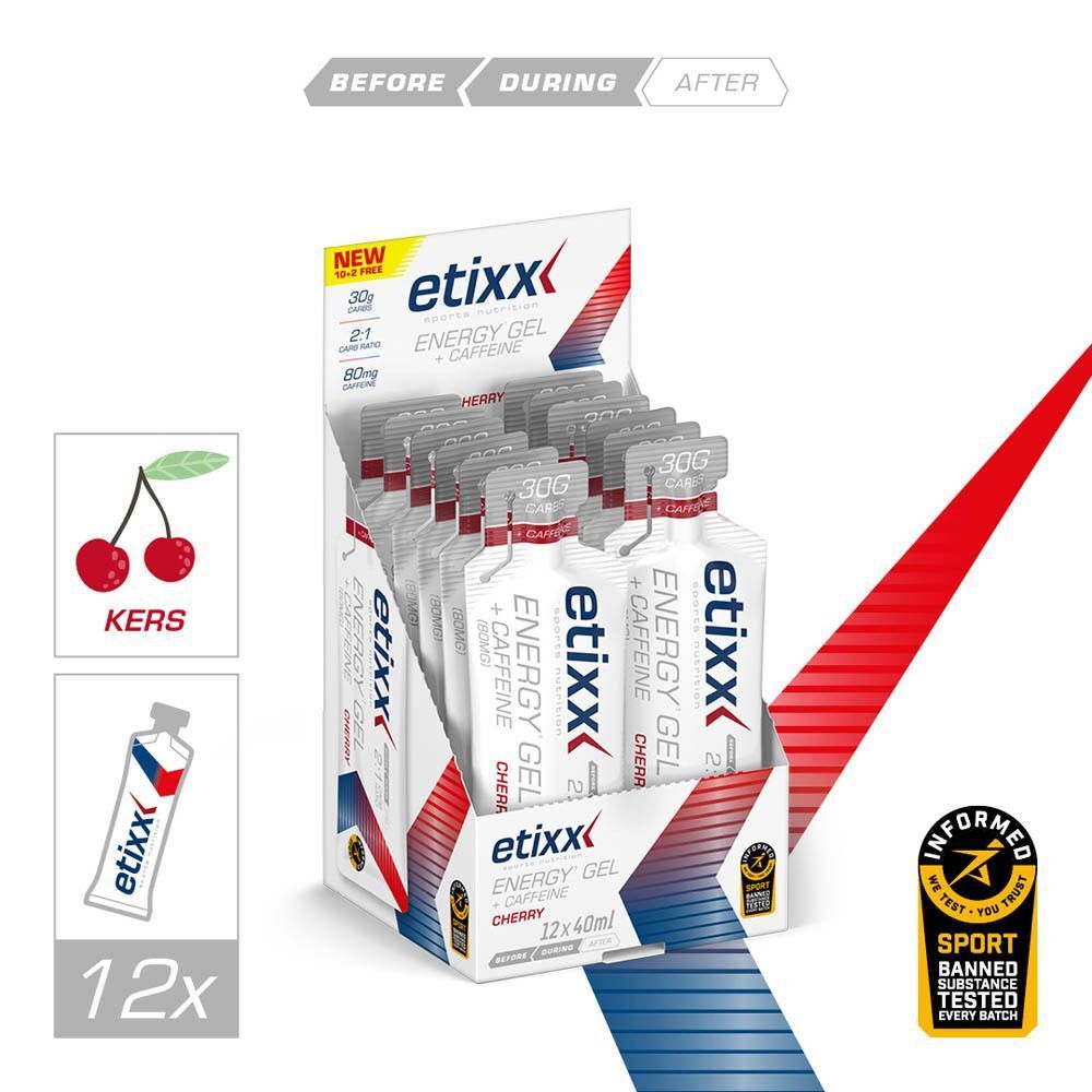 Display mit Etixx Energy Gel Koffein-Kirsche, 12x40ml.