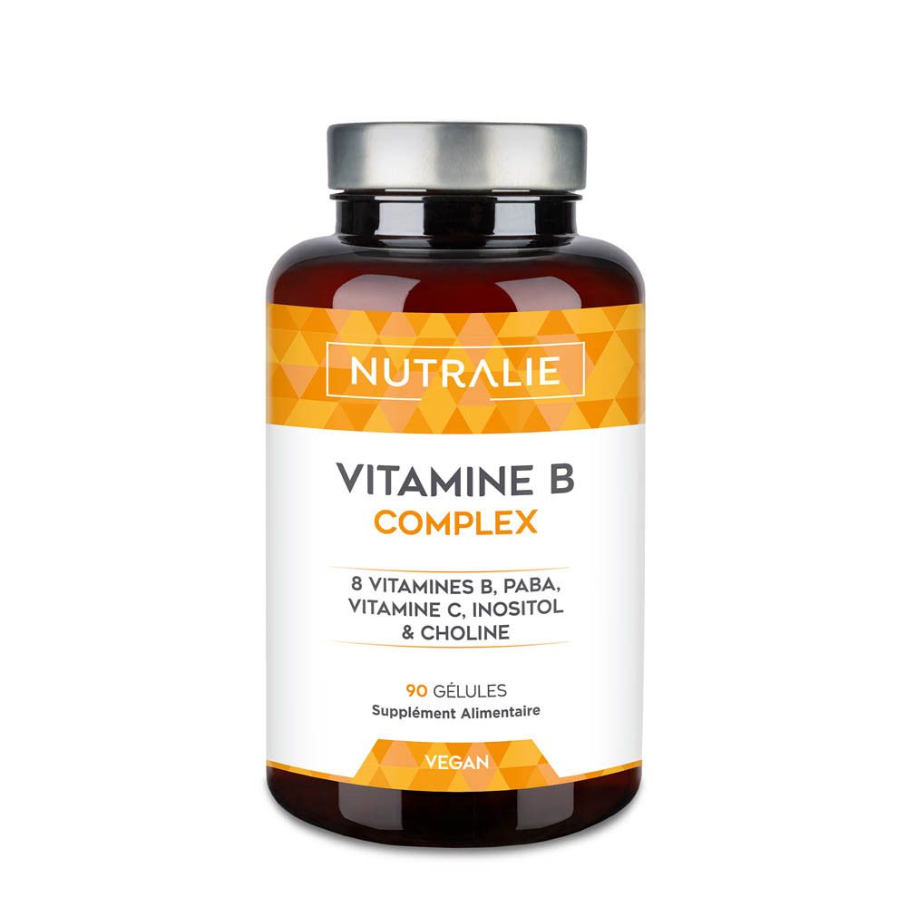 Eine braune Flasche mit silbernem Deckel, beschriftet mit Nutralie Vitamine B Complex, 90 Gélules, Vegan.
