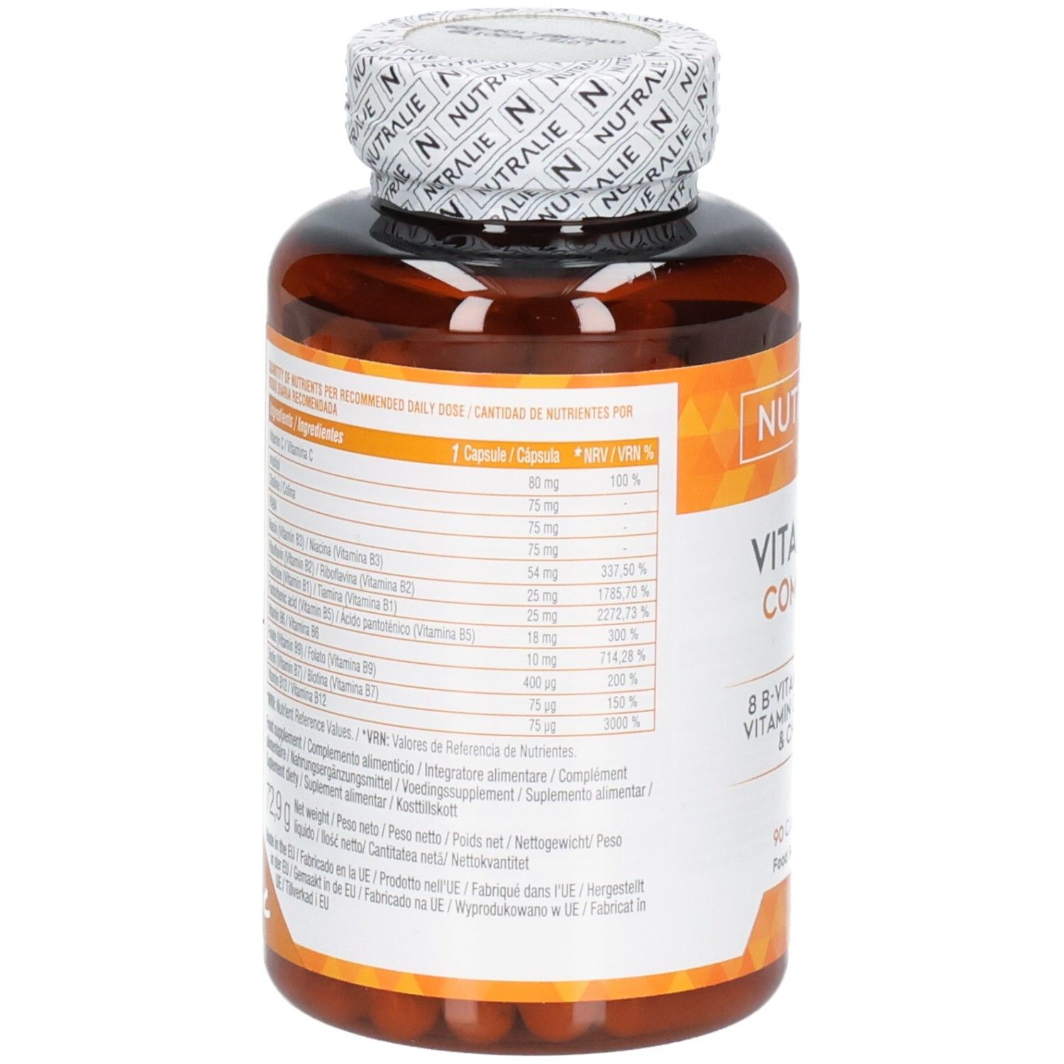Nutralie Vitamin B Komplex Rückseite mit Nährwertangaben.