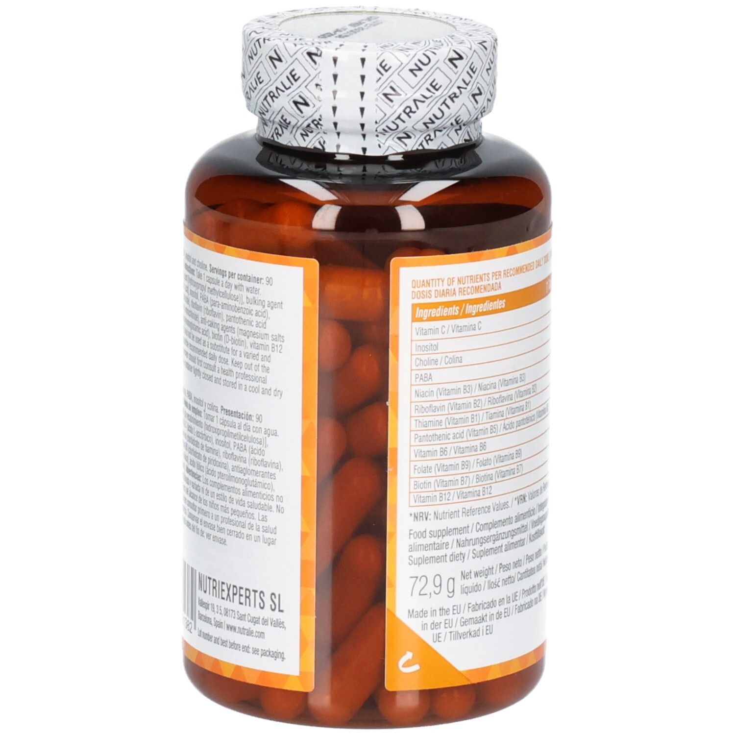 Nutralie Vitamin B Komplex Seite mit Inhaltsstoffen.