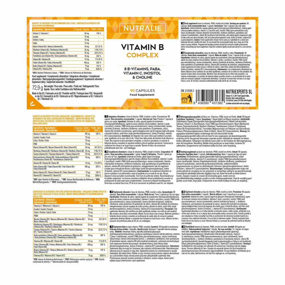 Verpackung von Nutralie Vitamin B Komplex Kapseln mit Nährwertangaben und Produktinformationen in mehreren Sprachen.