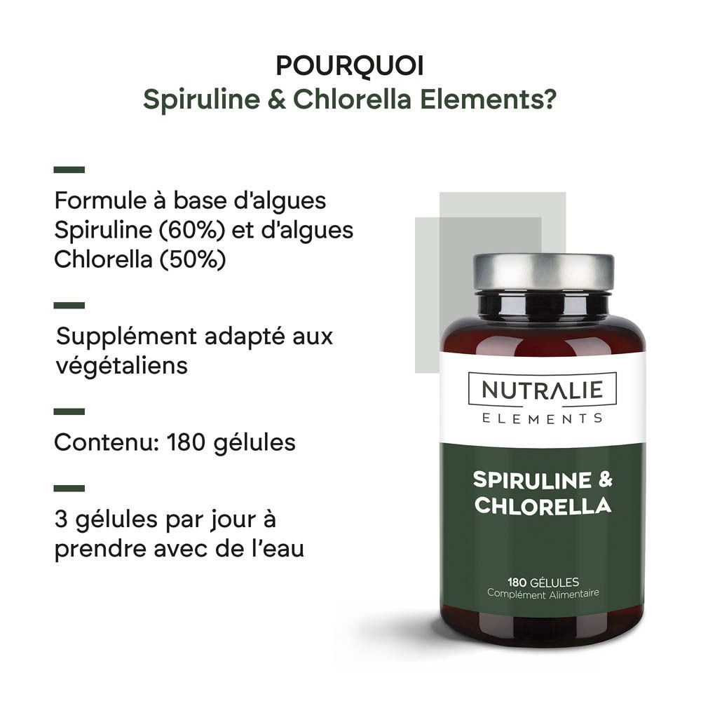 Flasche mit Spirulina & Chlorella Kapseln, 180 Stück, vegan.