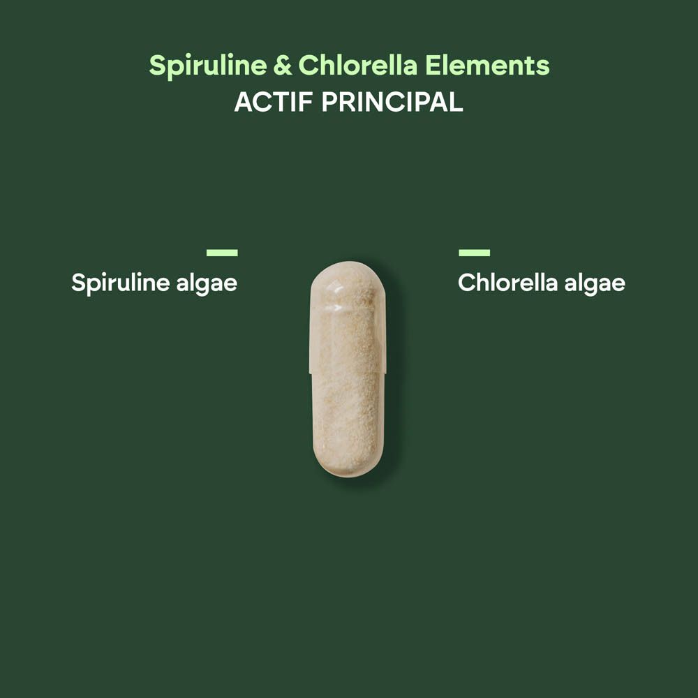 Einzelne Kapsel mit Beschriftung Spirulina Algen und Chlorella Algen.