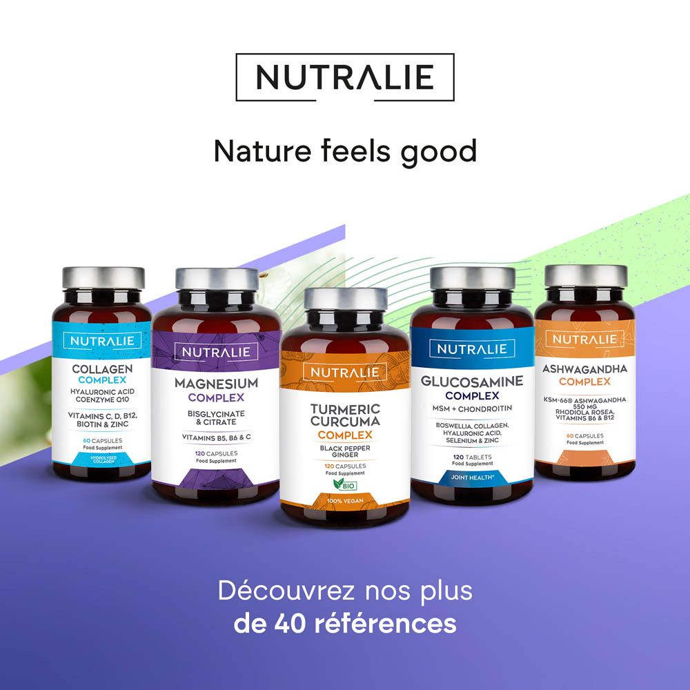 Fünf Nutralie Nahrungsergänzungsmittel-Flaschen nebeneinander.