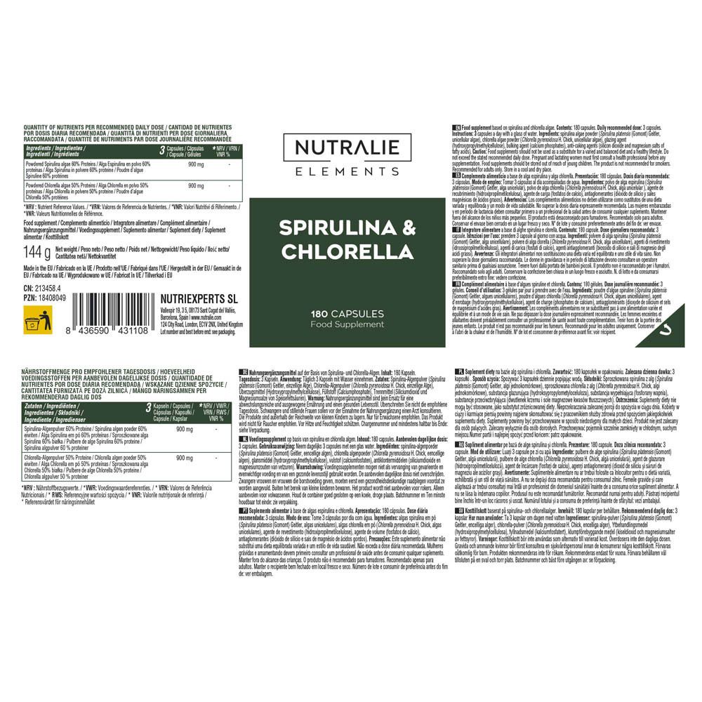 Rückseite einer Dose Spirulina & Chlorella, 180 Kapseln.