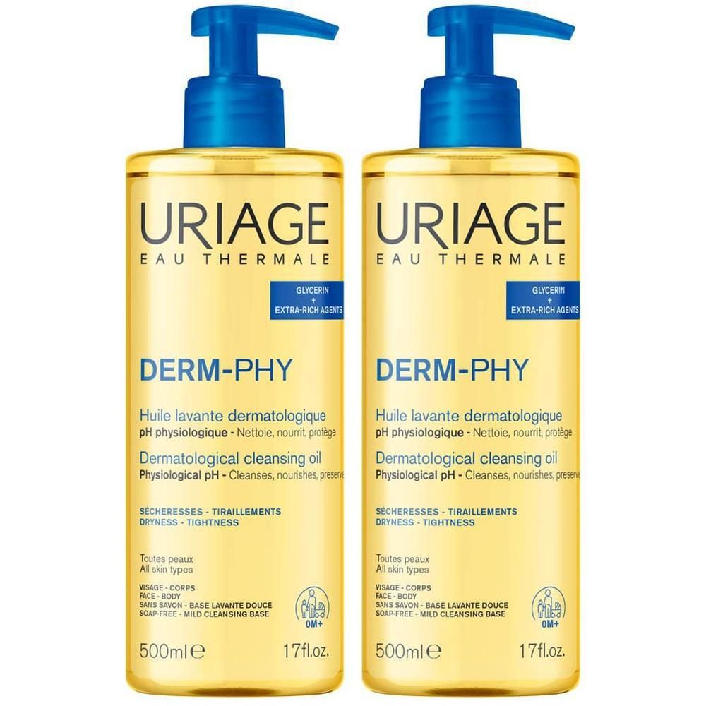 Zwei Flaschen Uriage Reinigungsöl mit Pumpdosierer, 500ml.