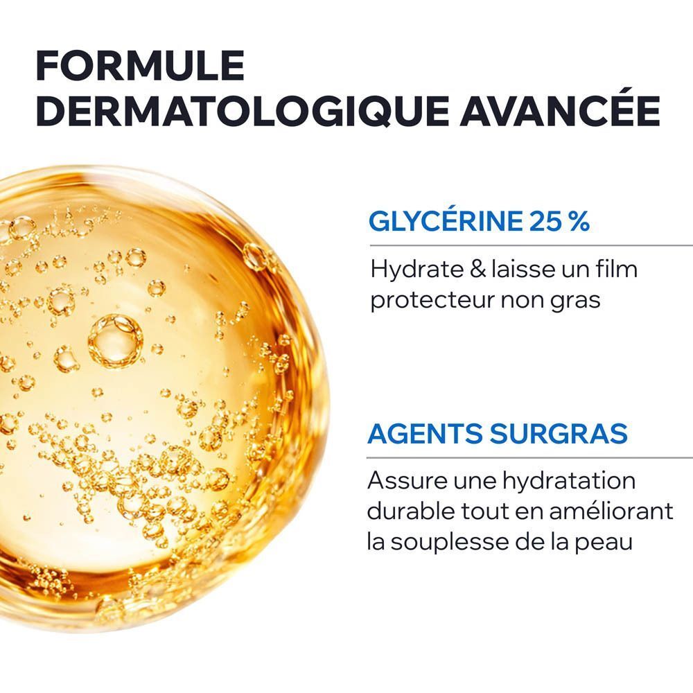 Huile lavante Uriage, 25% glycérine et agents surgras. Formule dermatologique.