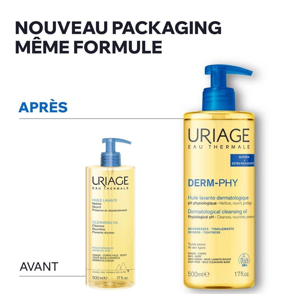 Huile lavante Uriage: Ancien et nouveau packaging. Même formule.