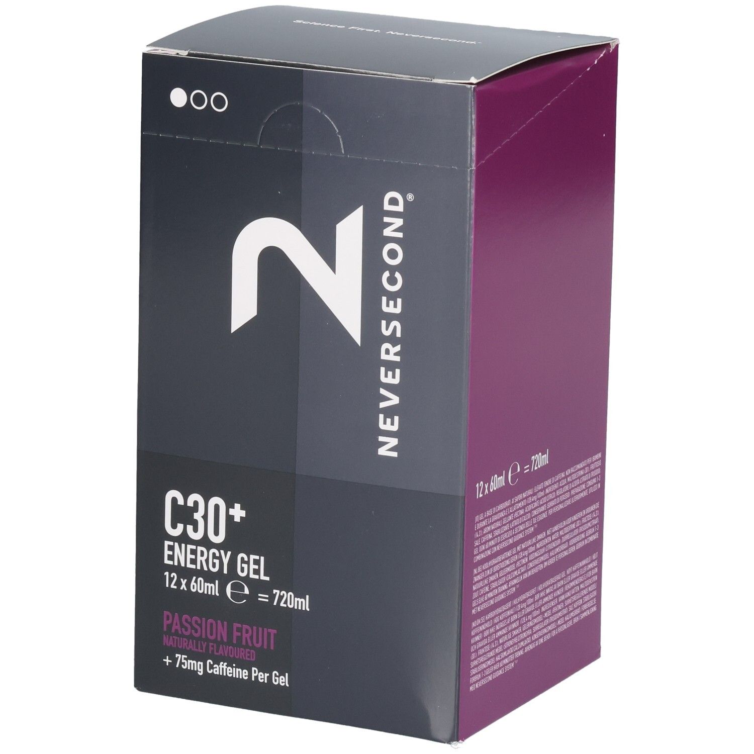 Verpackung für Neversecond C30+ Energy Gel, Passion Fruit, 12x60ml.