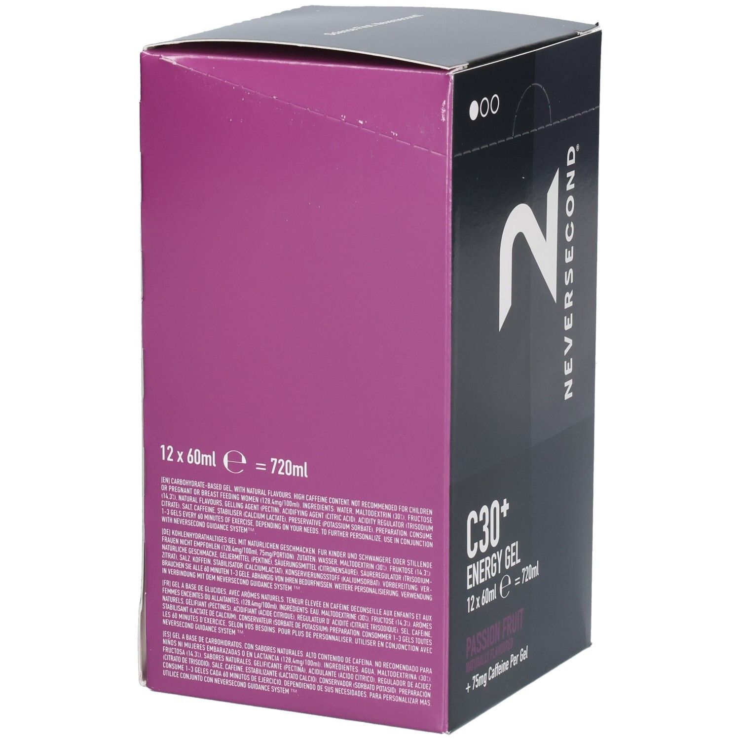 Seite der Verpackung für Neversecond C30+ Energy Gel, Passion Fruit, 12x60ml.
