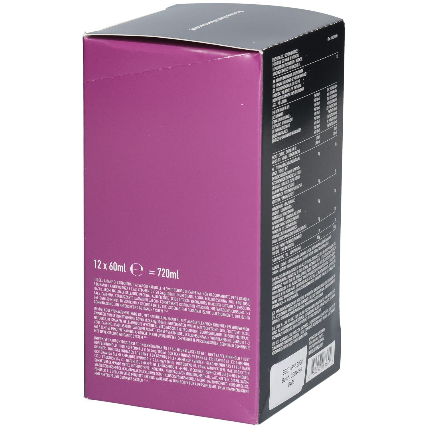 Seite der Verpackung für Neversecond C30+ Energy Gel, Passion Fruit, 12x60ml.
