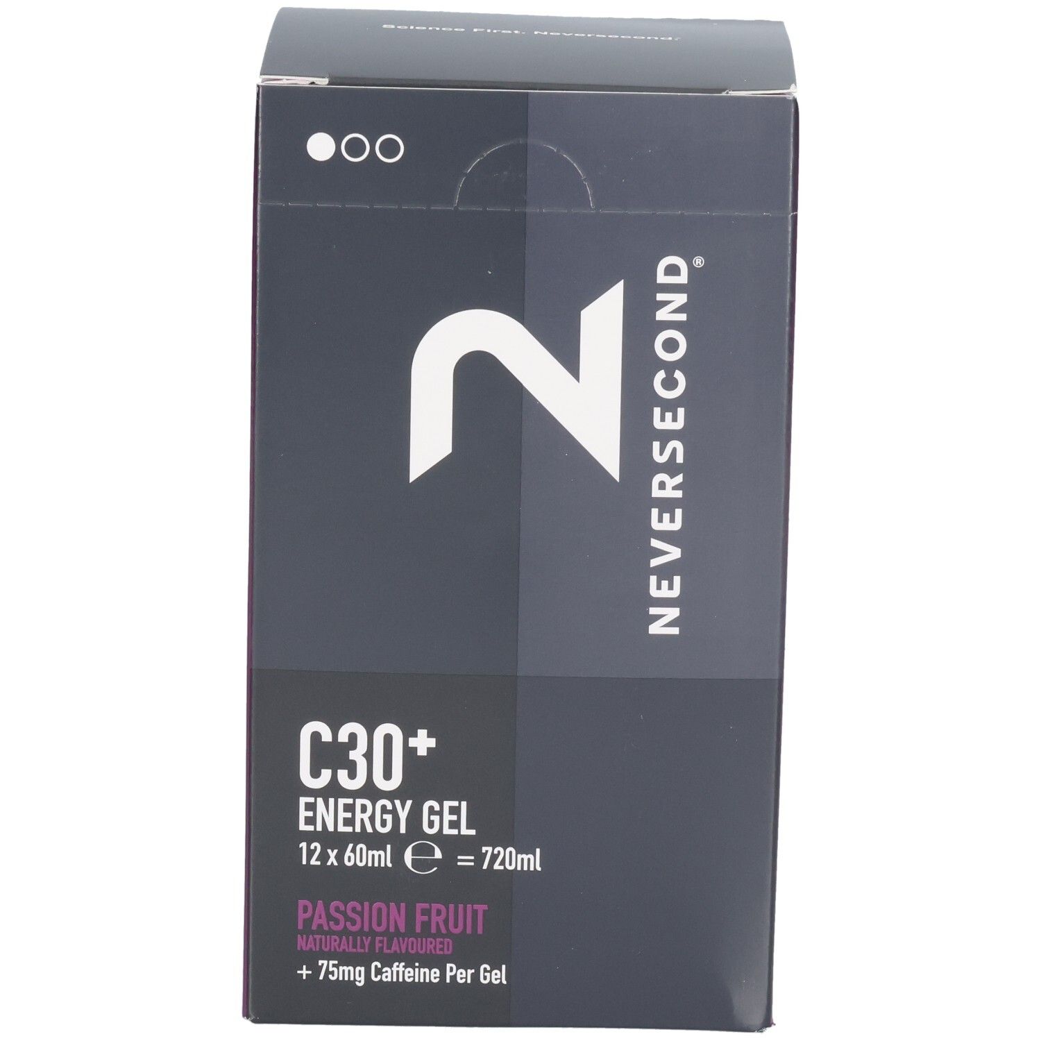 Vorderseite der Verpackung für Neversecond C30+ Energy Gel, Passion Fruit, 12x60ml.
