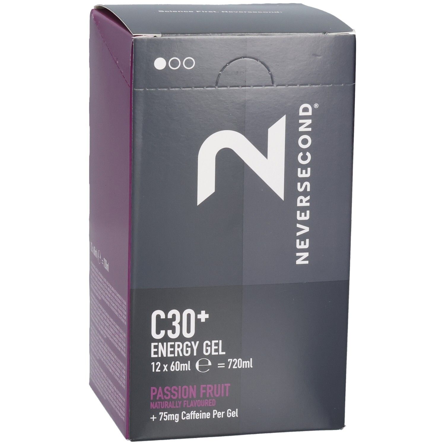 Vorderseite der Verpackung für Neversecond C30+ Energy Gel, Passion Fruit, 12x60ml.