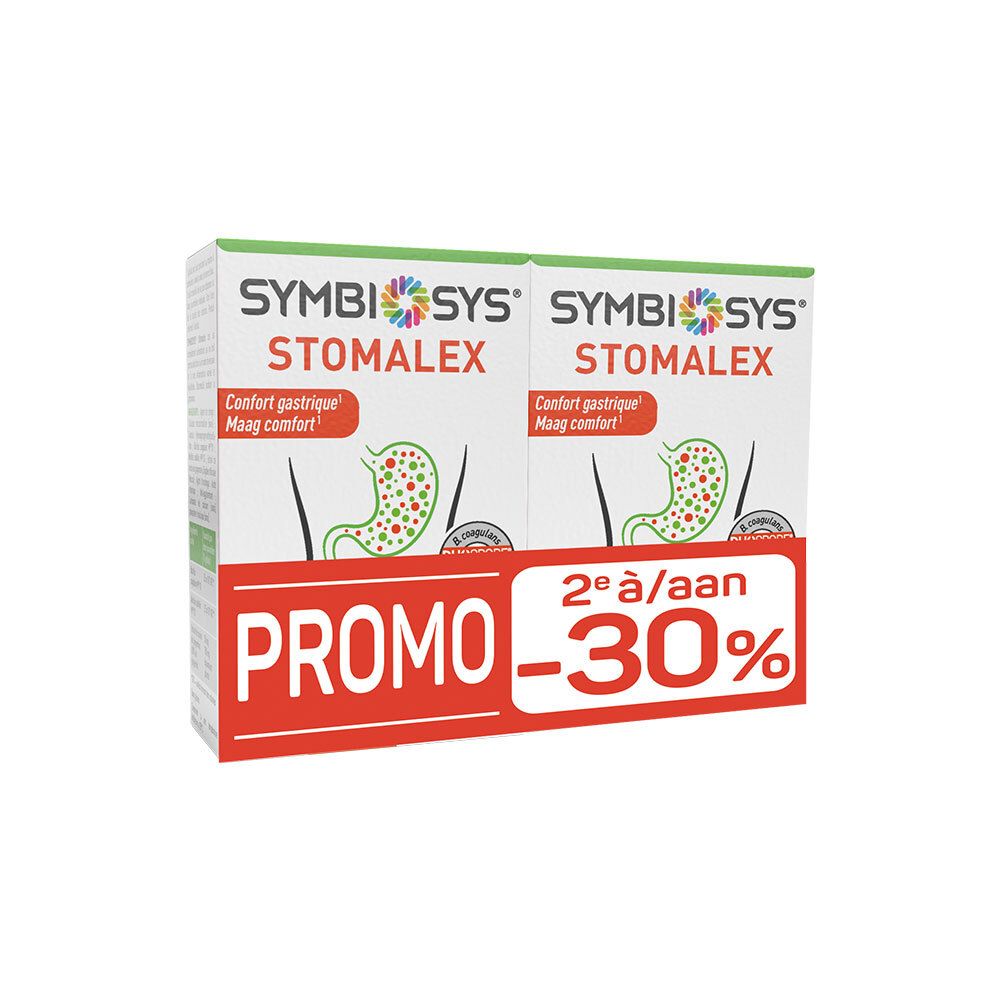 Zwei Packungen SymbiSyS Stomalex, 30 Kapseln pro Packung.
