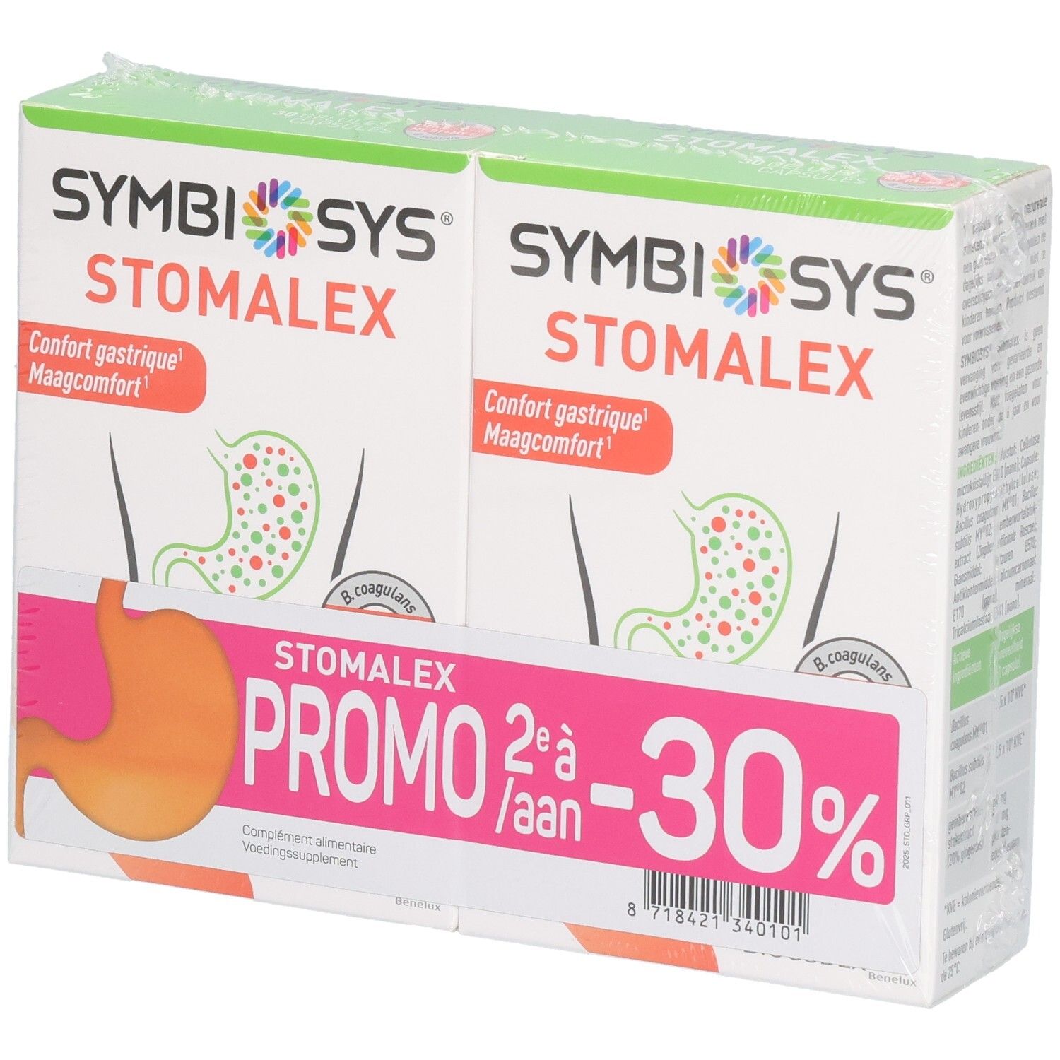 Zwei Packungen SYMBIOSYS Stomalex mit Magenabbildung und Rabattangabe.