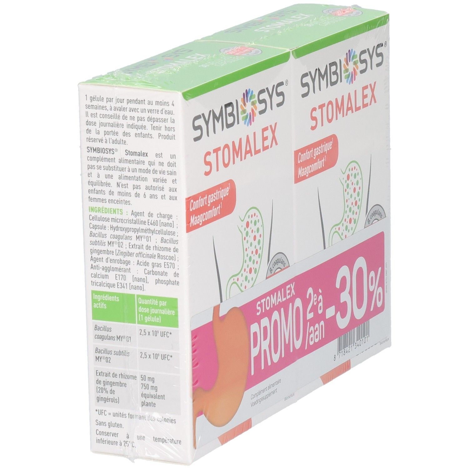 Rückseite einer SYMBIOSYS Stomalex Packung mit Inhaltsstoffen und Dosierungsangaben.