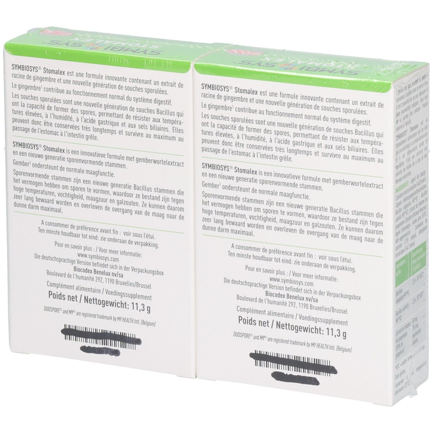 Seitenansicht von zwei SYMBIOSYS Stomalex Packungen mit Produktinformationen.