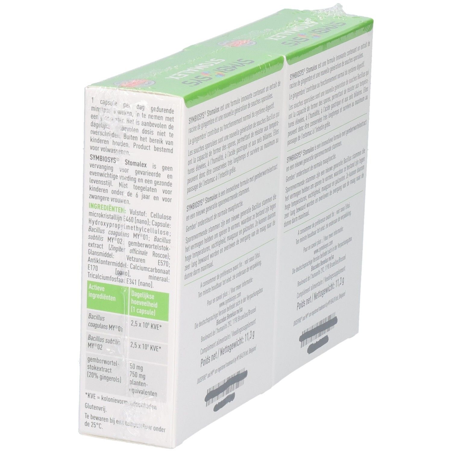Seitenansicht einer SYMBIOSYS Stomalex Packung mit detaillierten Produktinformationen.