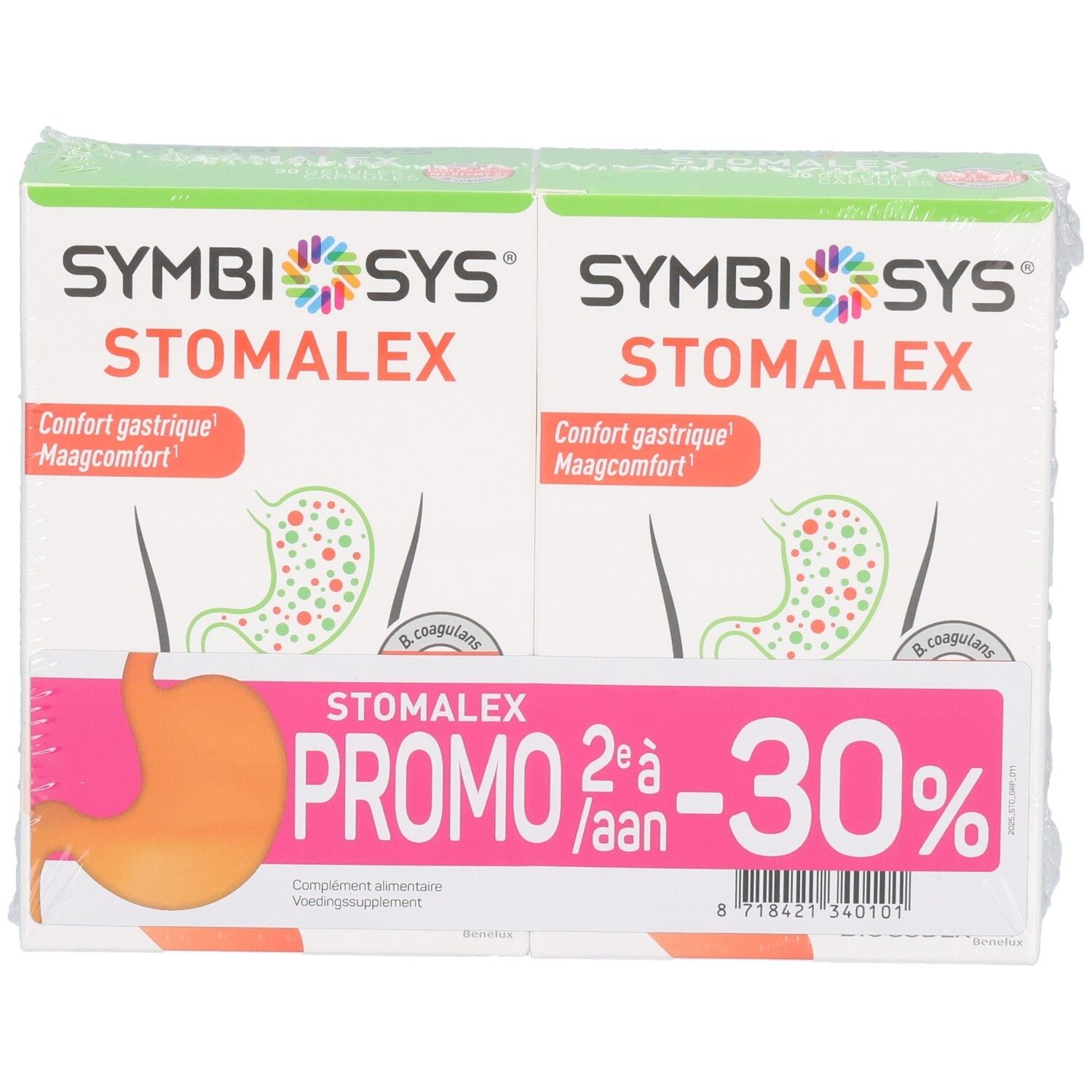 Zwei Packungen SYMBIOSYS Stomalex mit Magenabbildung und Rabattangabe.