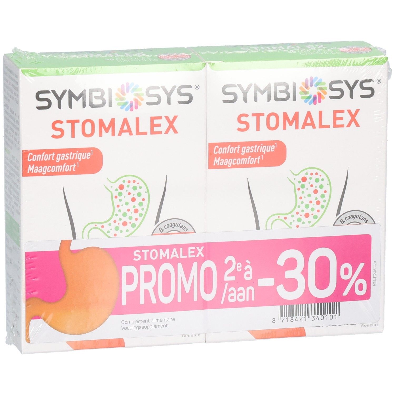 Zwei Packungen SYMBIOSYS Stomalex mit Magenabbildung und Rabattangabe.