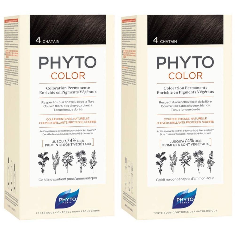 Zwei Packungen PHYTO COLOR permanente Haarfarbe, Farbton 4 Châtain. Enthält pflanzliche Pigmente.