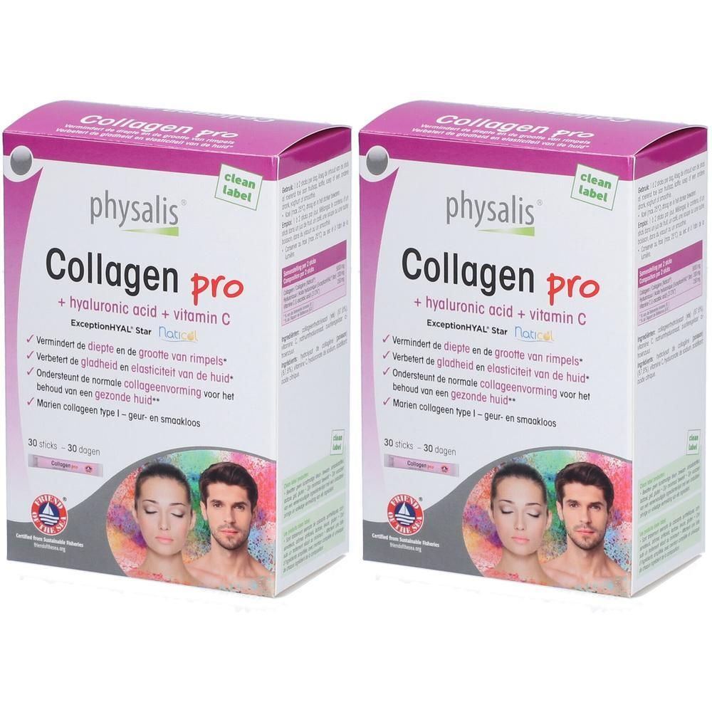 Zwei Packungen Physalis Collagen Pro mit Hyaluronsäure und Vitamin C. Enthält 30 Sticks.