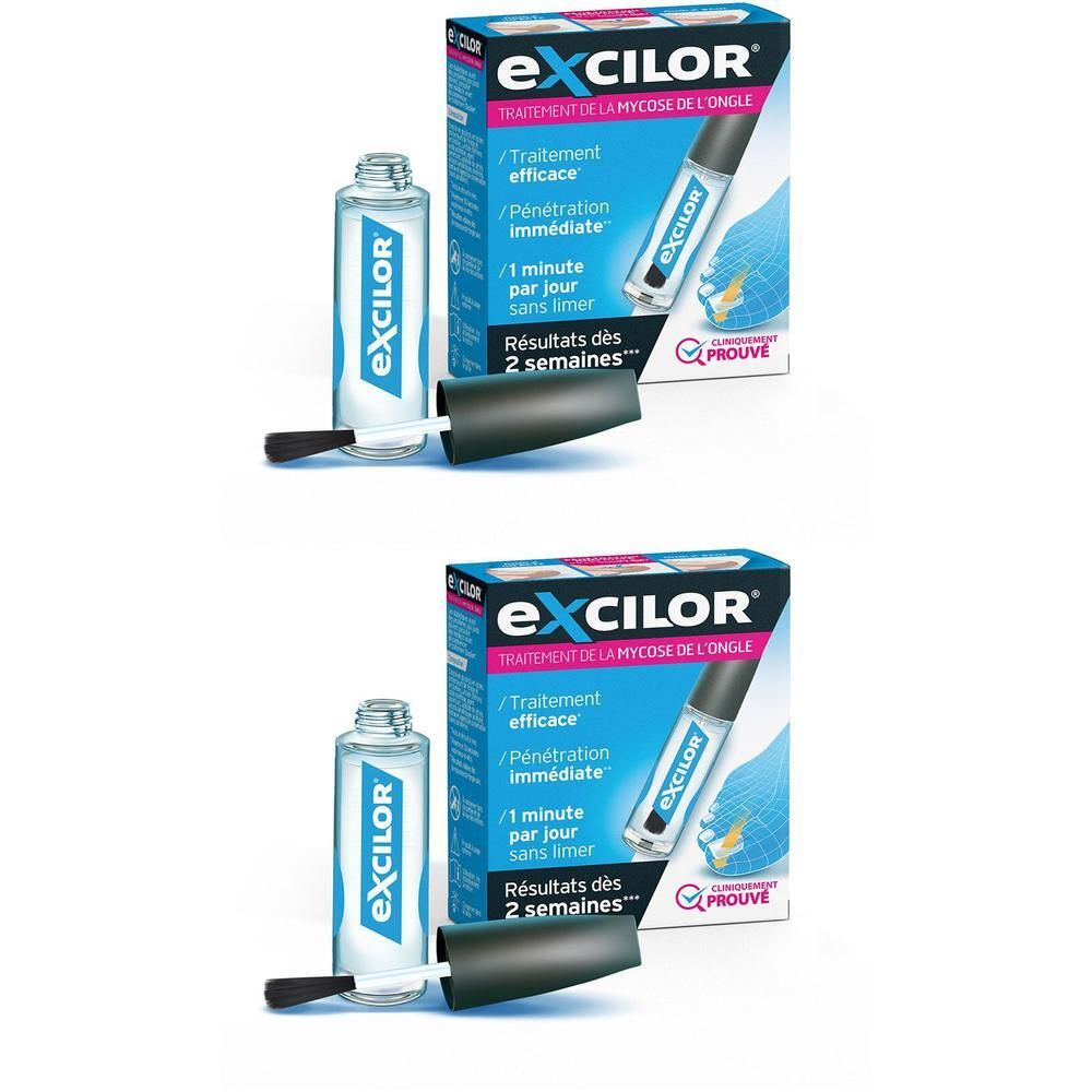 Deux boîtes de traitement pour mycose des ongles Excilor avec applicateur.