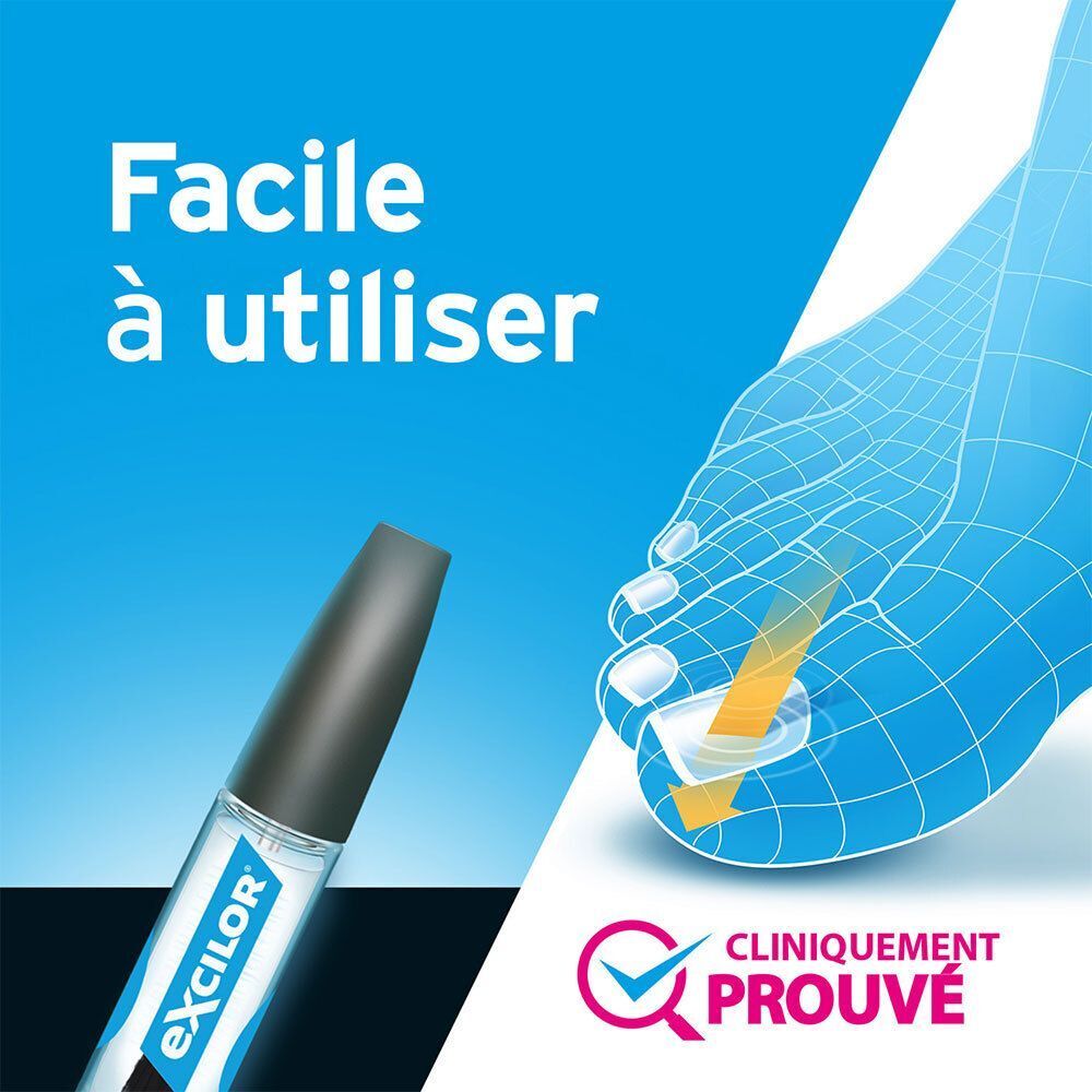 Application sur un ongle d'orteil, flacon Excilor et sceau cliniquement prouvé.