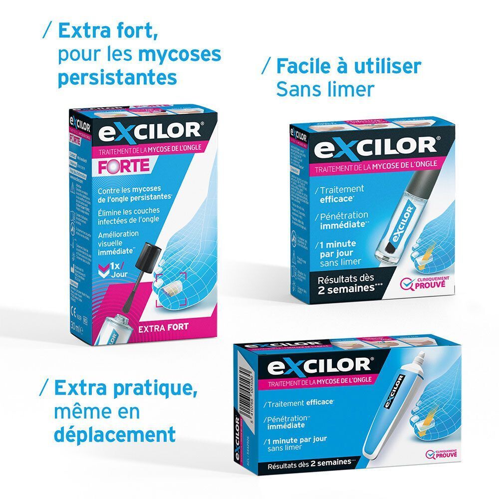 Trois boîtes de traitement Excilor pour mycose des ongles, formats variés.