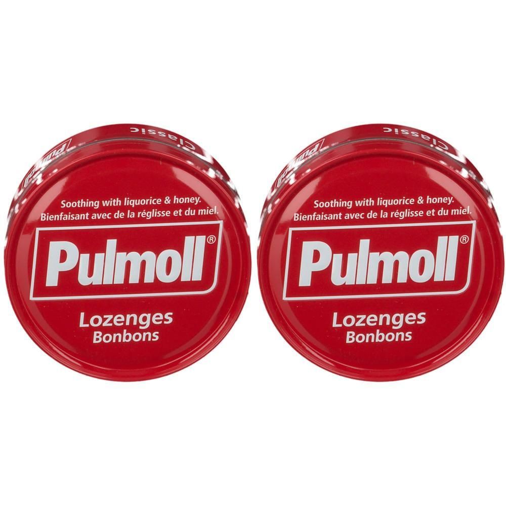 Zwei runde rote Pulmoll® Dosen mit Lakritz Honig Classic Bonbons.