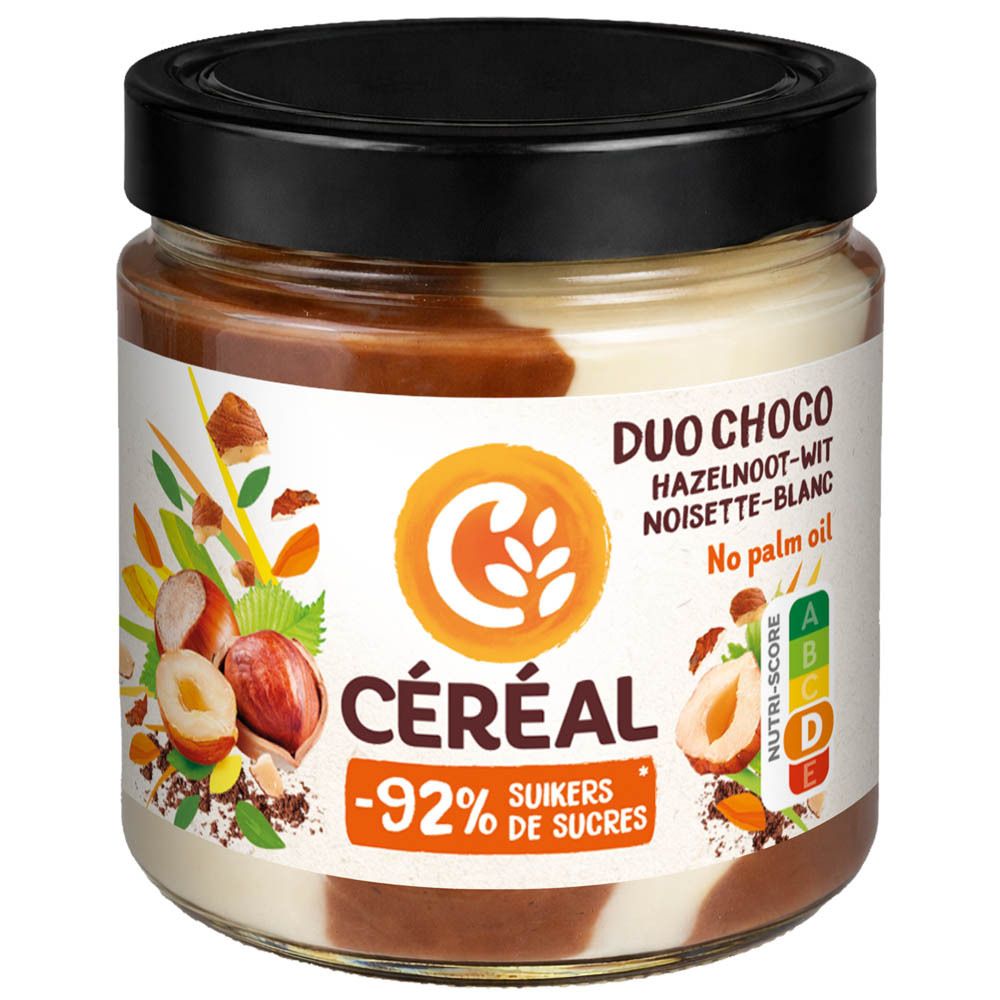 Glas mit Céréal Duo Choco Aufstrich, Haselnuss und weißer Schokolade.