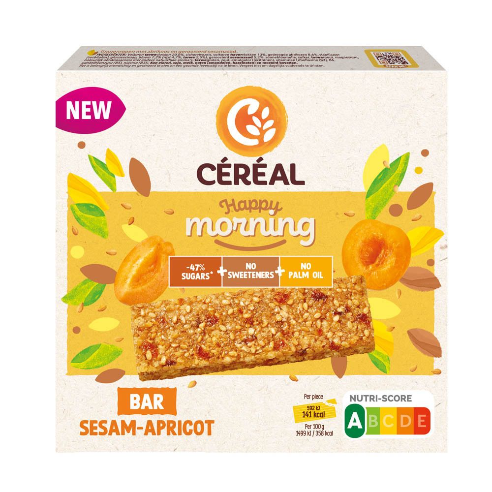 Céréal Happy Morning Riegel Sesam-Aprikose: Weniger Zucker, keine Süßstoffe, kein Palmöl. Nutri-Score A.