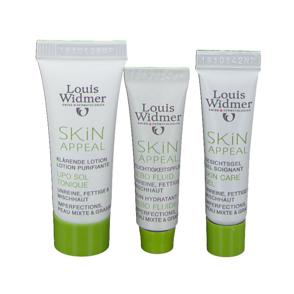 Drei Tuben Louis Widmer Skin Appeal. Weiß, grün und Schrift. Klarende Lotion, Sebo Fluid, Gesichtsgel. Für unreine, fettige Haut.
