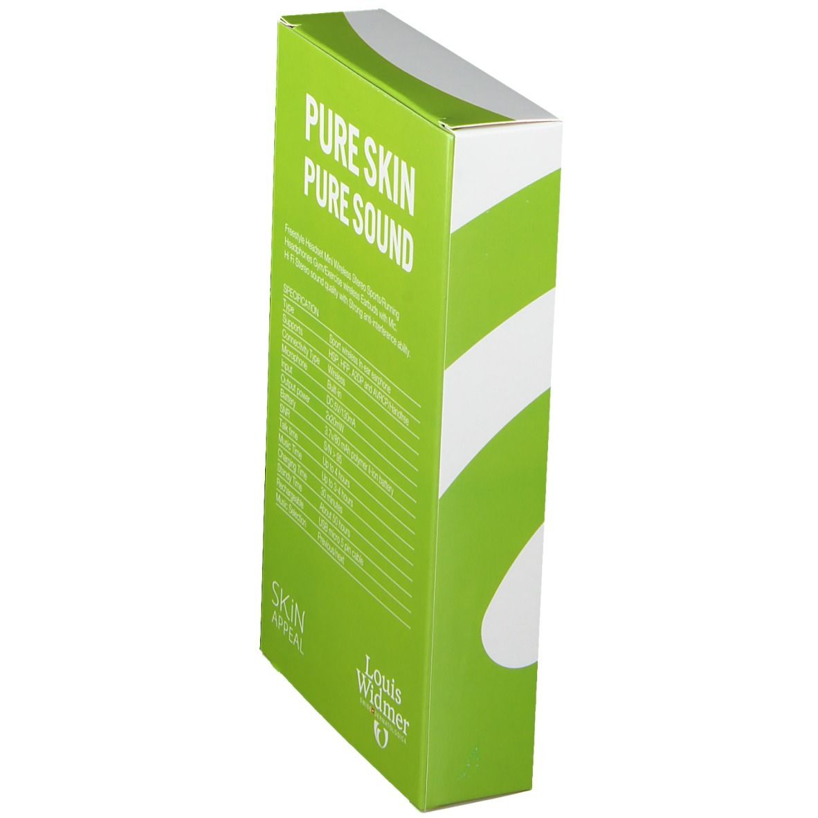 Emballage avec texte: PURE SKIN PURE SOUND. Logo: Louis Widmer. Rayures vertes et blanches.