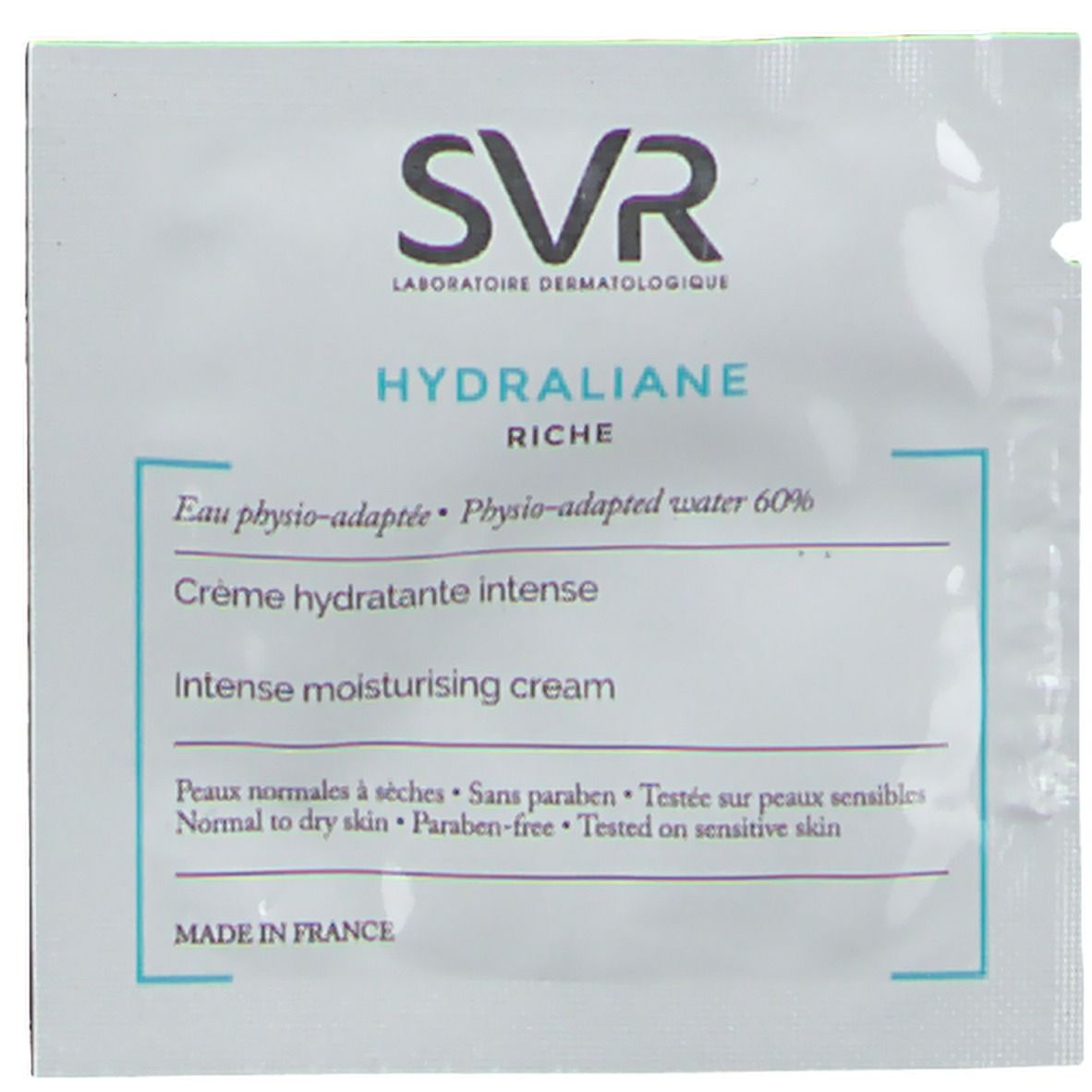 SVR-Probebeutel. Enthält Creme. Aufschrift: HYDRALIANE RICHE, Crème hydratante intense, Normal bis trockene Haut, ohne Parabene, getestet auf empfindlicher Haut.