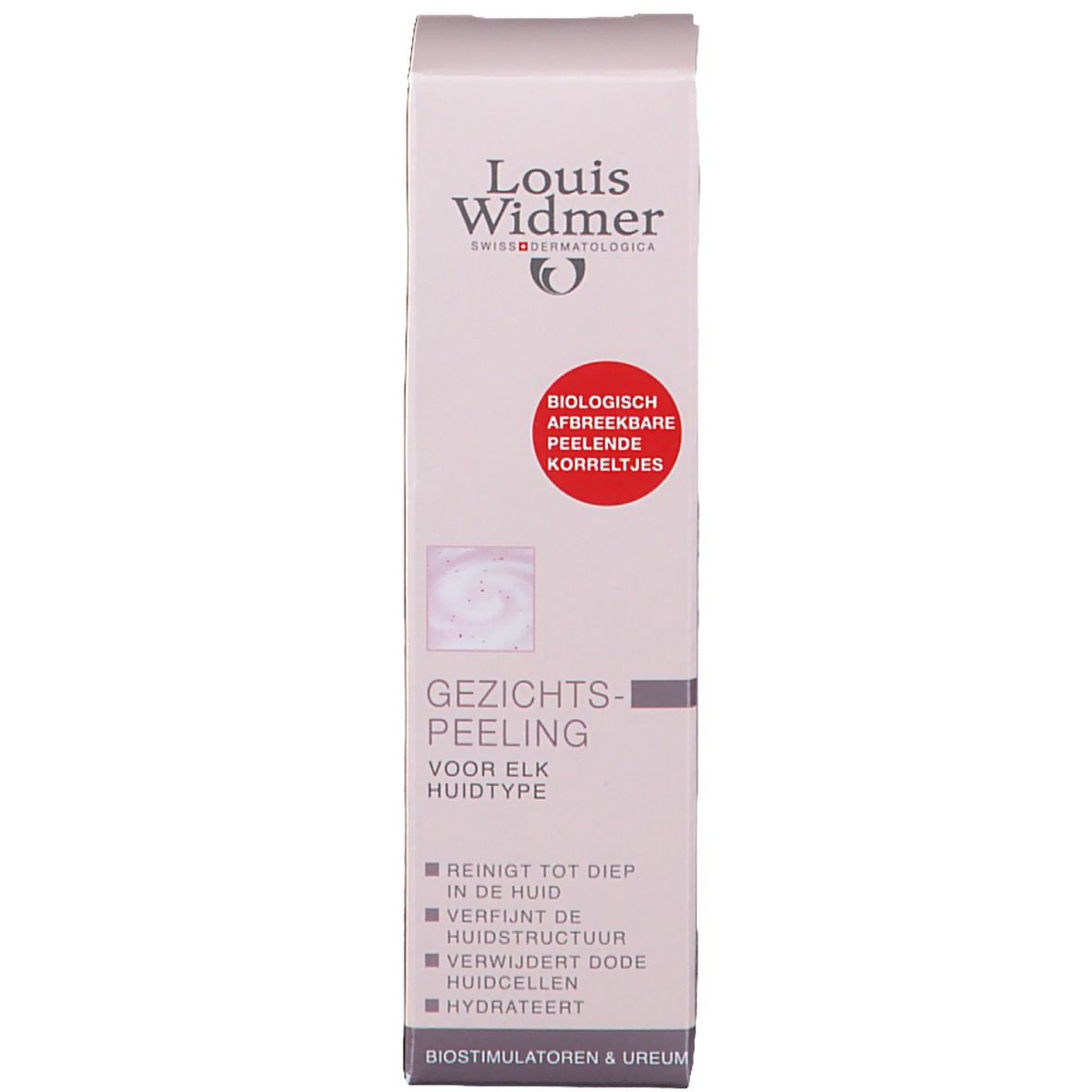 Emballage avec nom et texte du produit. Cercle rouge avec texte. Peeling visage pour tous types de peau. Nettoie, affine, élimine, hydrate.