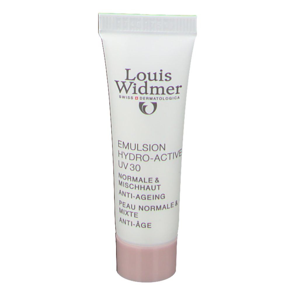 Tube mit Louis Widmer Emulsion Hydro-Active UV30 für normale und Mischhaut. Weißes Tube mit rosa Verschluss.