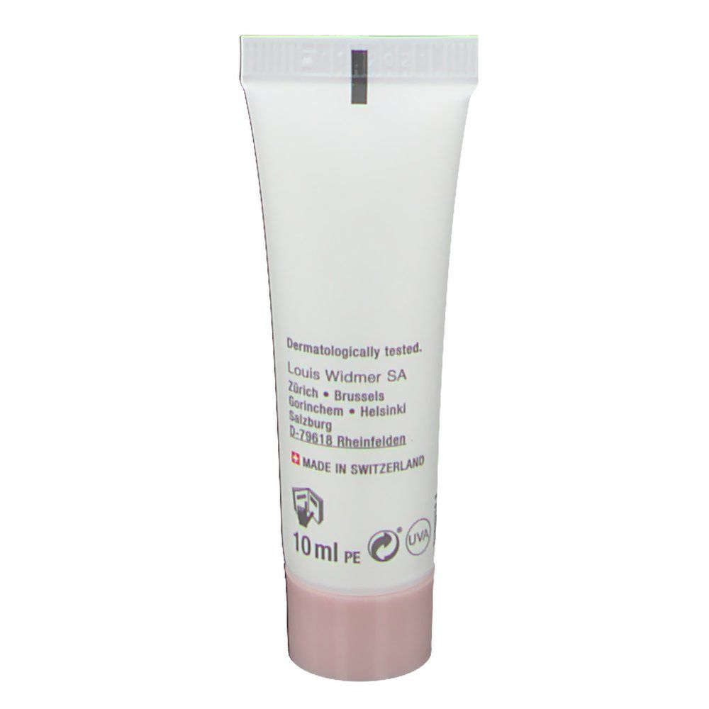 Rückseite der Tube Louis Widmer Emulsion Hydro-Active UV30. Weiß, rosa Verschluss. Text und Logos.