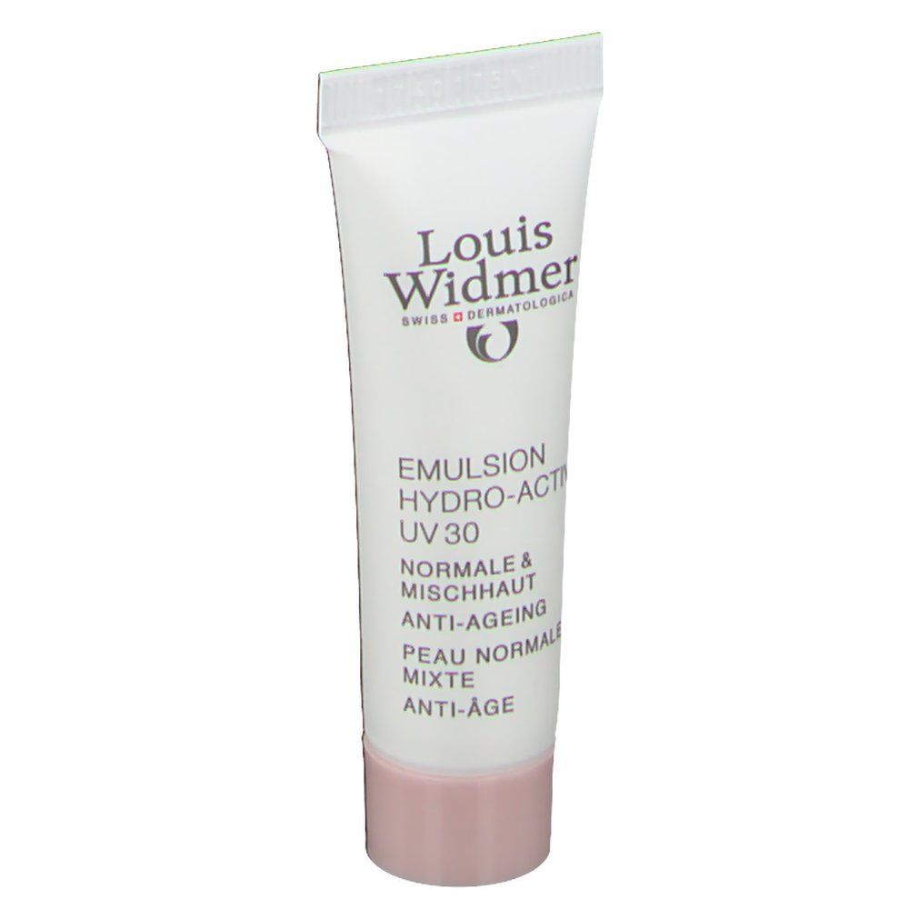 Tube Louis Widmer Emulsion Hydro-Active UV30. Weiß, rosa Verschluss. Produktinformationen und Logo.