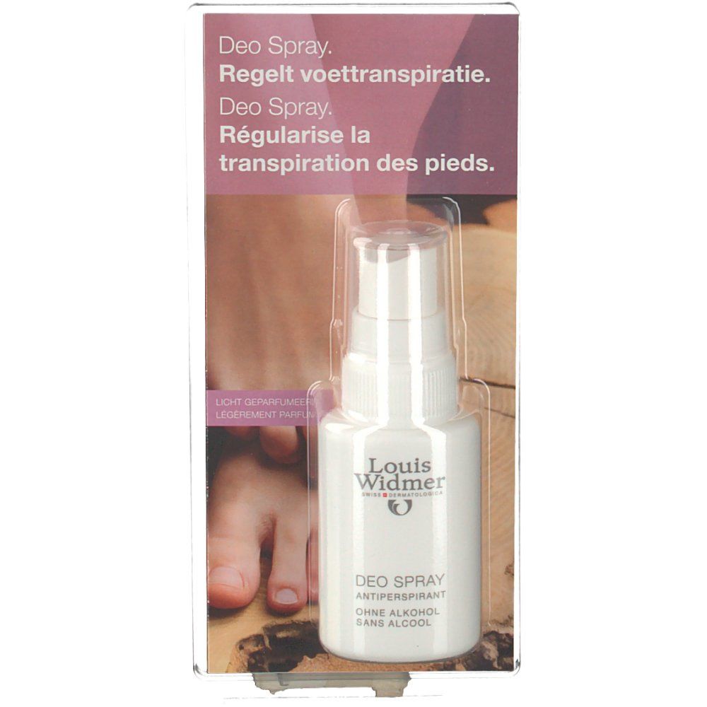 Weißes Deo Spray von Louis Widmer in Verpackung. Aufschrift: Deo Spray, Antitranspirant, ohne Alkohol.