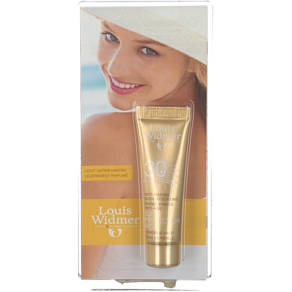 Goldfarbene Tube Sonnencreme SPF30 in transparenter Verpackung. Aufschrift: Louis Widmer, Anti-Ageing, Crème Visage.