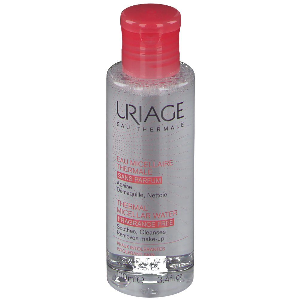 Klare Flasche mit rotem Deckel. Aufschrift: Uriage Eau Thermale, Thermal Micellar Water, ohne Parfum. Für empfindliche Haut.