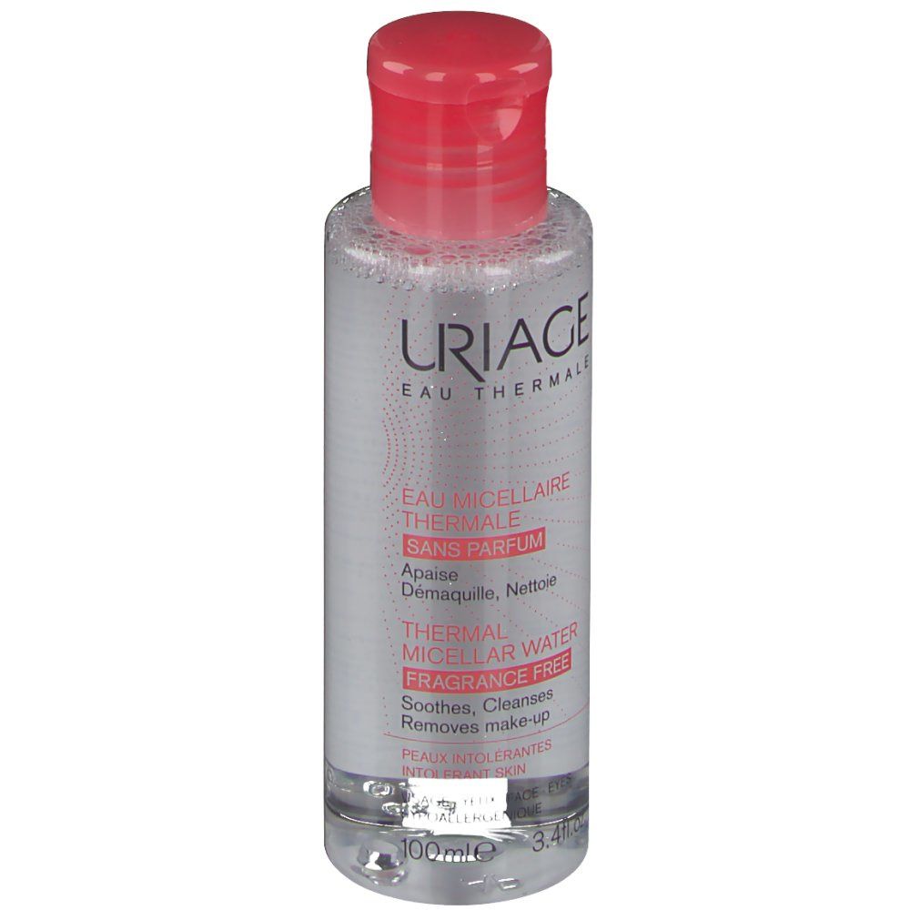 Klare Flasche mit rotem Deckel. Aufschrift: Uriage Eau Thermale, Thermal Micellar Water, ohne Parfum. Für empfindliche Haut.
