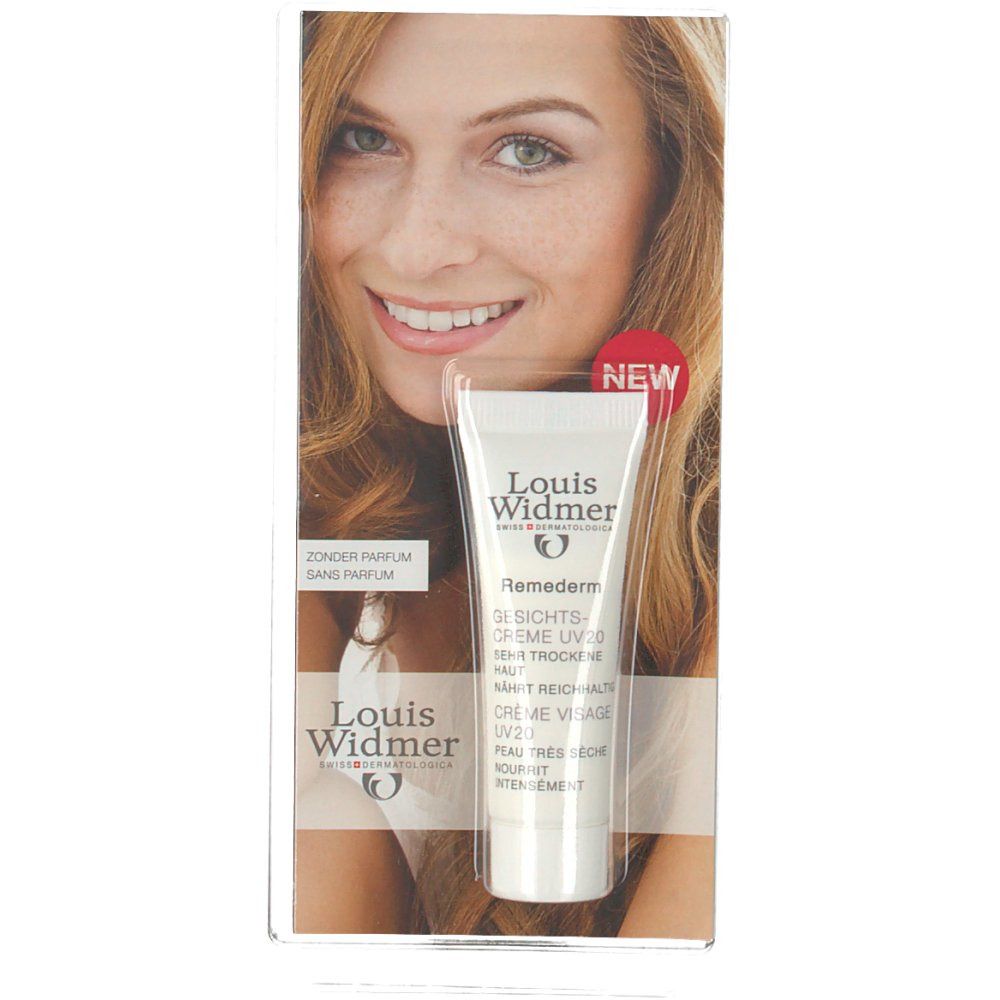 Creme-Tube mit Produktnamen und Logo vor einem Porträt. Text: "Remederm", "UV 20", "zonder parfum".