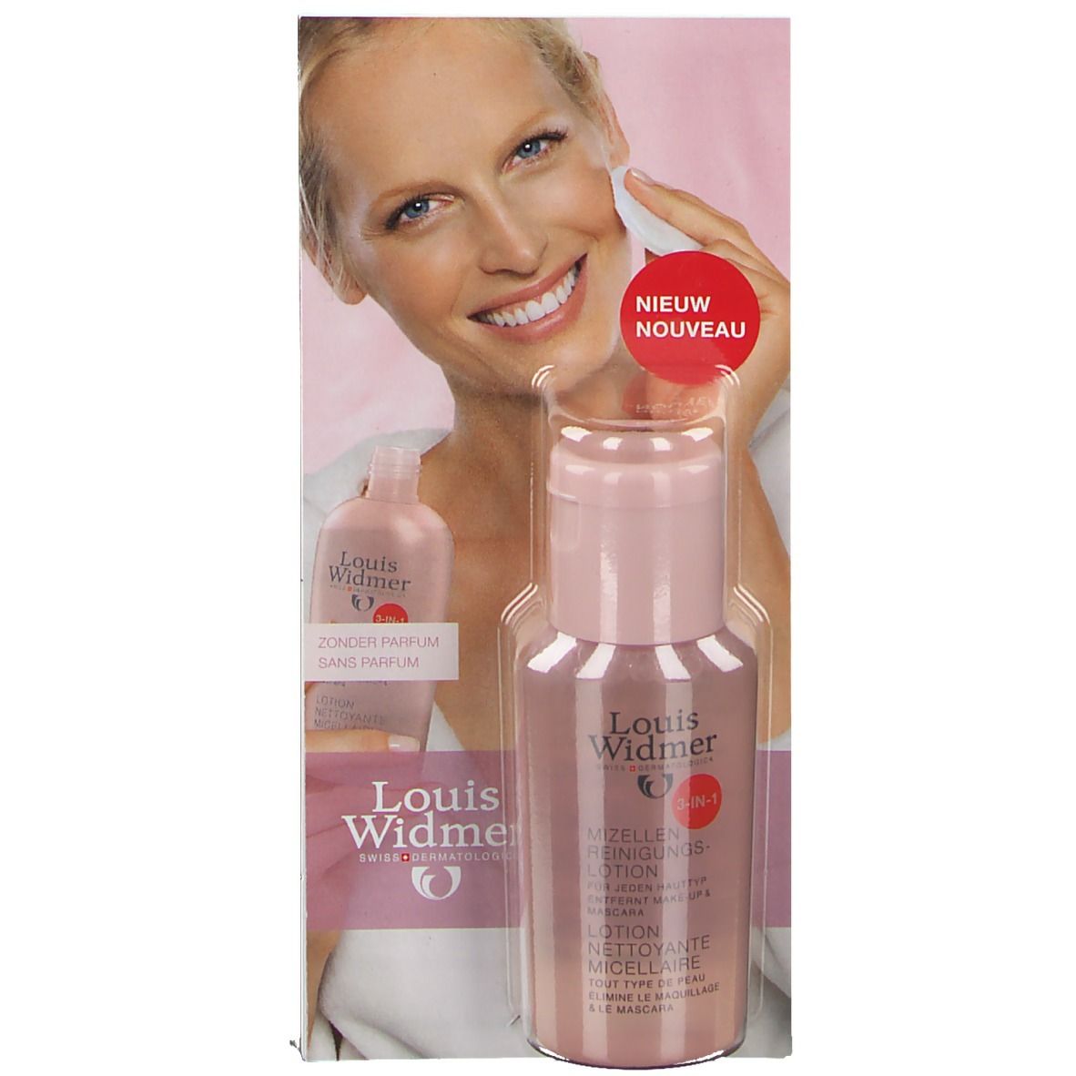 Rosa Flasche mit Produktetikett, Frau hält Wattepad. Text: Louis Widmer, Micellar, 4 in 1.