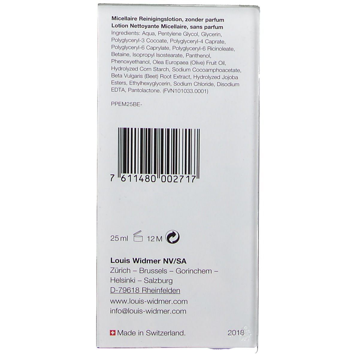Weiße Verpackung mit Text und Barcode. Text: Micellaire Reinigungslotion, 25ml, 12M, Louis Widmer.